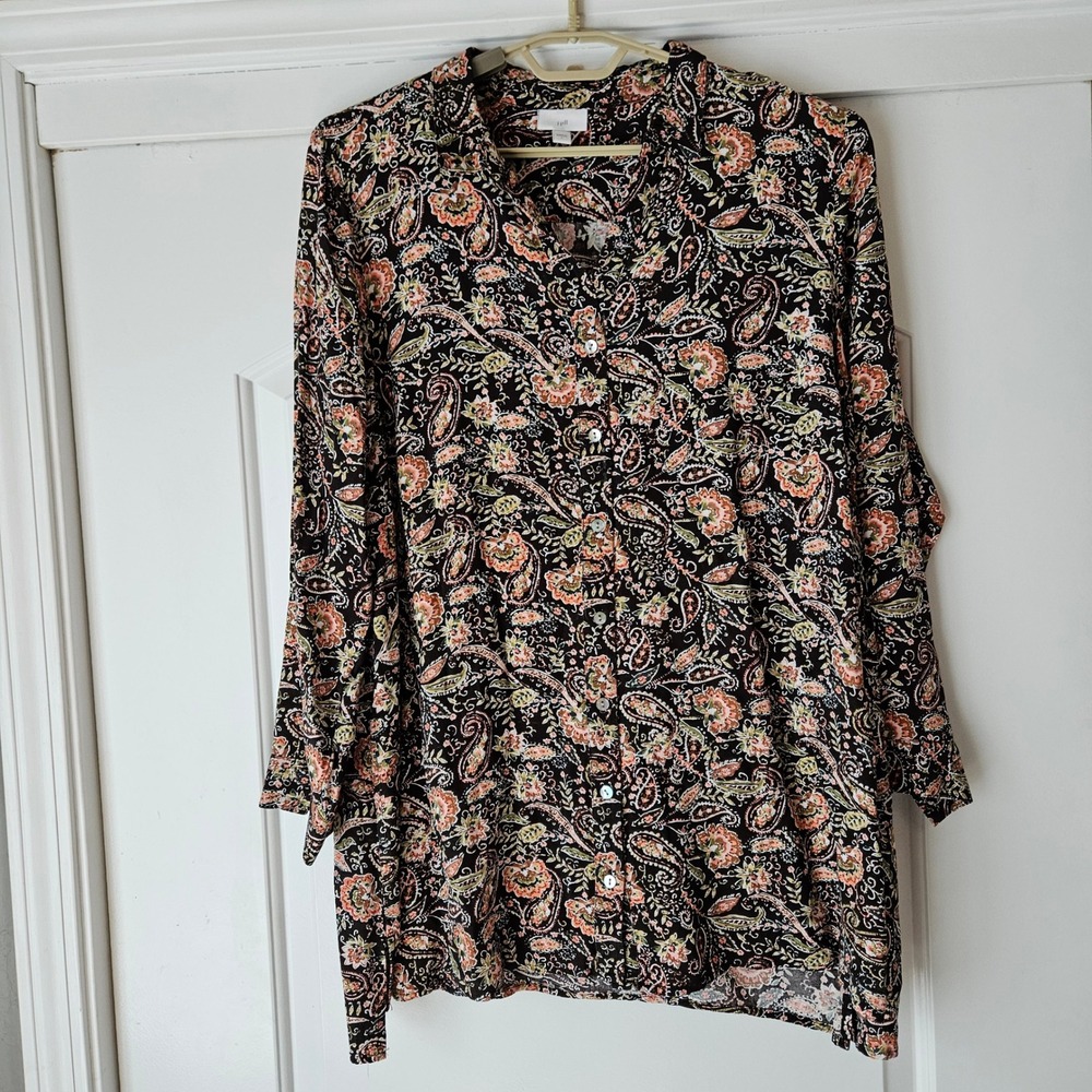 J.Jill Paisley Floral Button Down Shirt Women Large Long Sleeve‎ Black Flowy